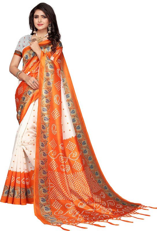 Printed Bandhani Cotton Blend, Art Silk Saree  (White, Orange)