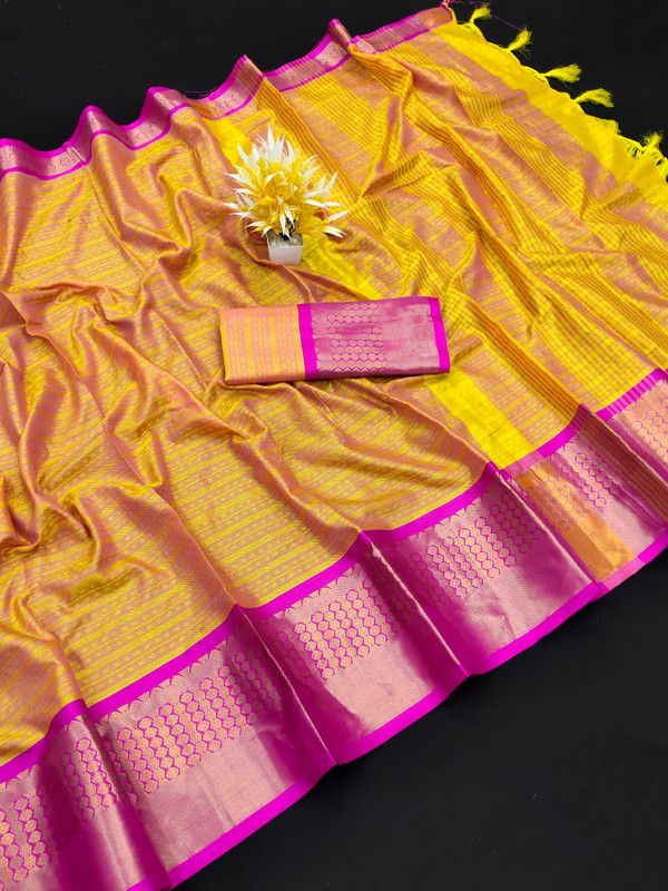 Woven Banarasi Jacquard, Pure Silk Saree  (Yellow, Pink)