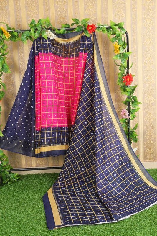 Bandhani Art Silk Saree  (Pink, Blue)