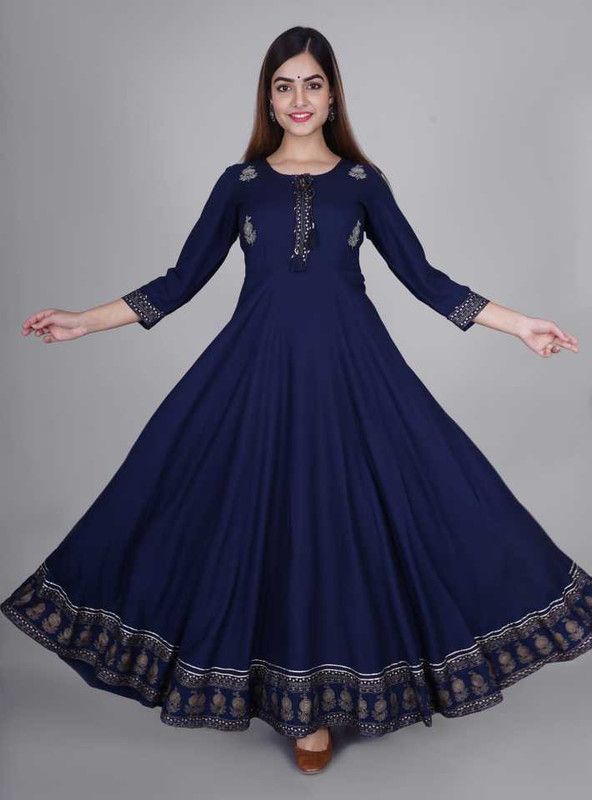 Women Printed Liva Anarkali Kurta  (Blue)