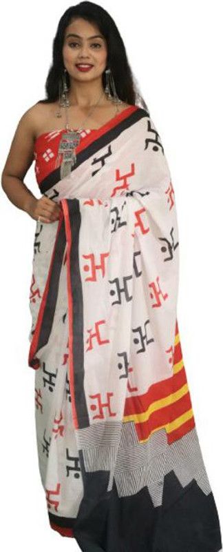 Digital Print Ikkat Pure Cotton Saree  (White)