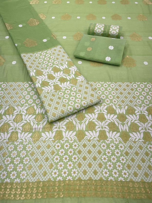 Self Design Mekhela Chador Cotton Blend Saree  (Light Green)