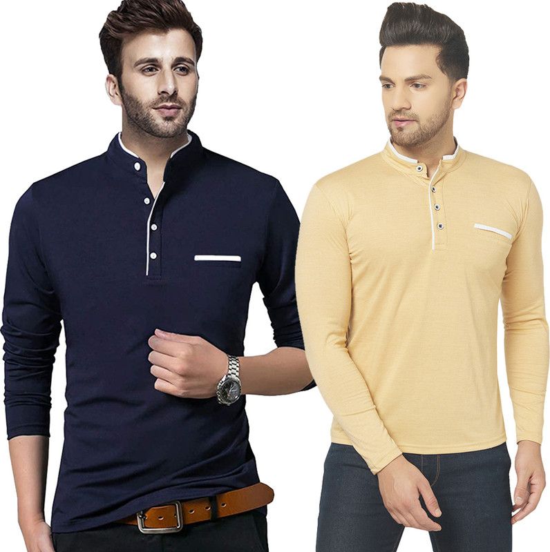 Pack of 2 Men Solid Henley Neck Cotton Blend Dark Blue, Beige T-Shirt