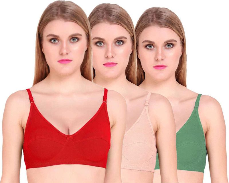 Women Full Coverage Non Padded Bra  (Green, Red, Beige)