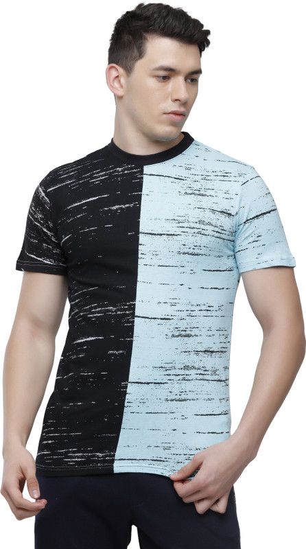 m&f mens round half sleeve t-shirt Men Colorblock Round Neck Cotton Blend Light Blue, Black T-Shirt
