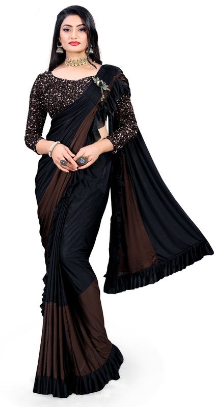Color Block Bollywood Lycra Blend Saree  (Brown, Black)