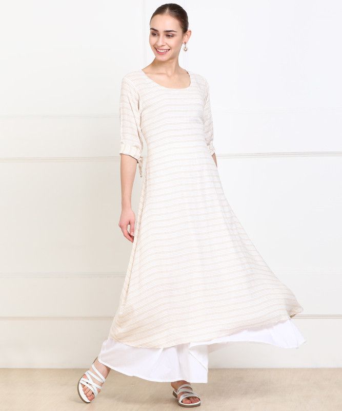 Women Striped Cotton Rayon A-line Kurta  (Beige)
