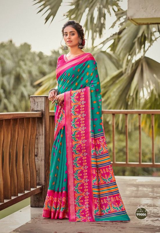 Printed Bollywood Cotton Blend Saree  (Blue, Pink)