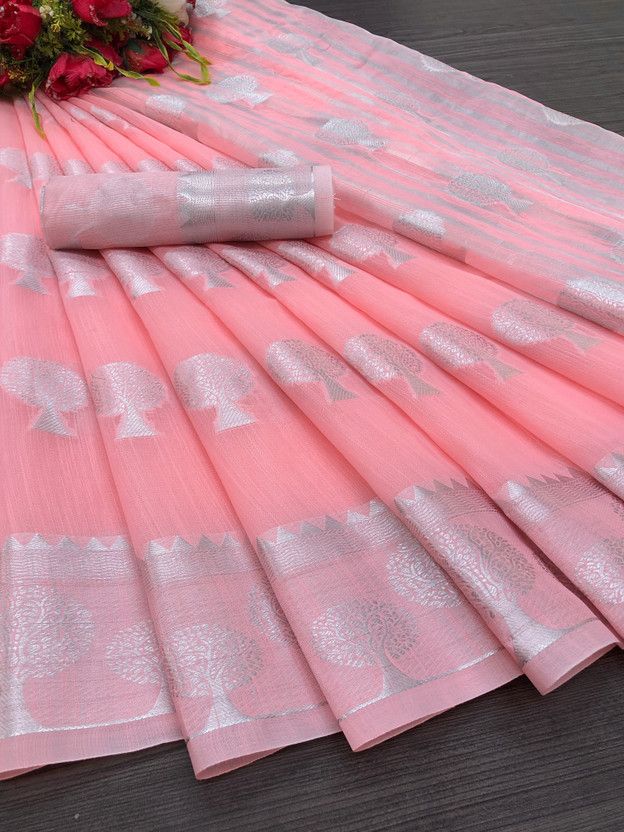 Woven Kanjivaram Jacquard, Cotton Silk Saree  (Silver, Pink)