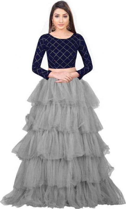 Checkered Semi Stitched Lehenga & Crop Top  (Grey)