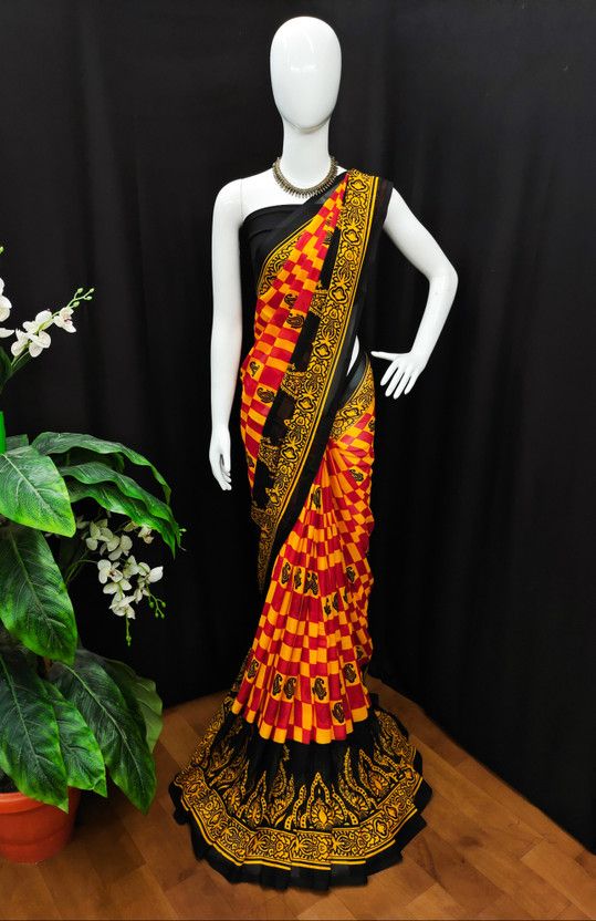 Paisley, Checkered Bollywood Georgette Saree  (Red, Black, Yellow)