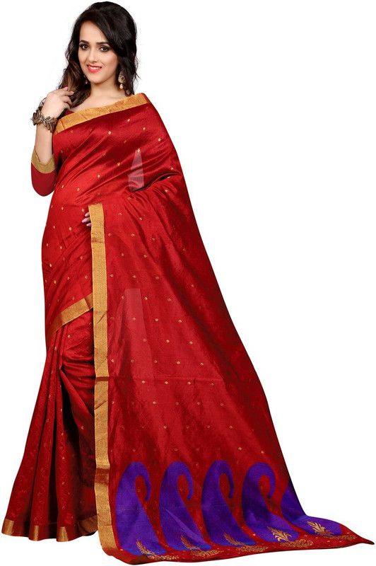 Self Design Banarasi Cotton Blend Saree  (Red, Blue)