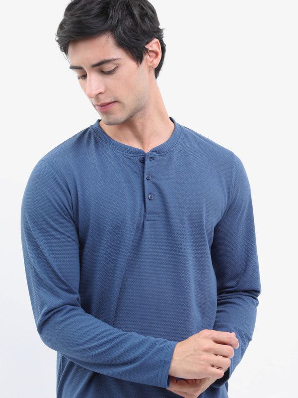 Popcorn Structured Men Solid Henley Neck Polyester Blue T-Shirt