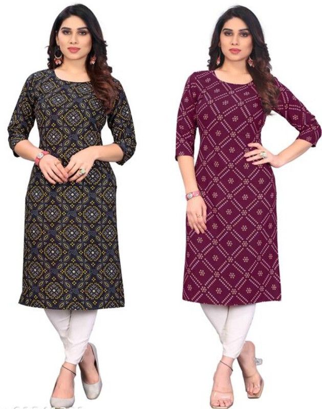 Pack of 2 Women Printed Crepe Straight Kurta  (Brown, Black)