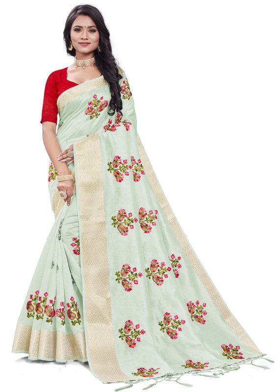 Embroidered Bollywood Cotton Silk Saree  (Light Green)