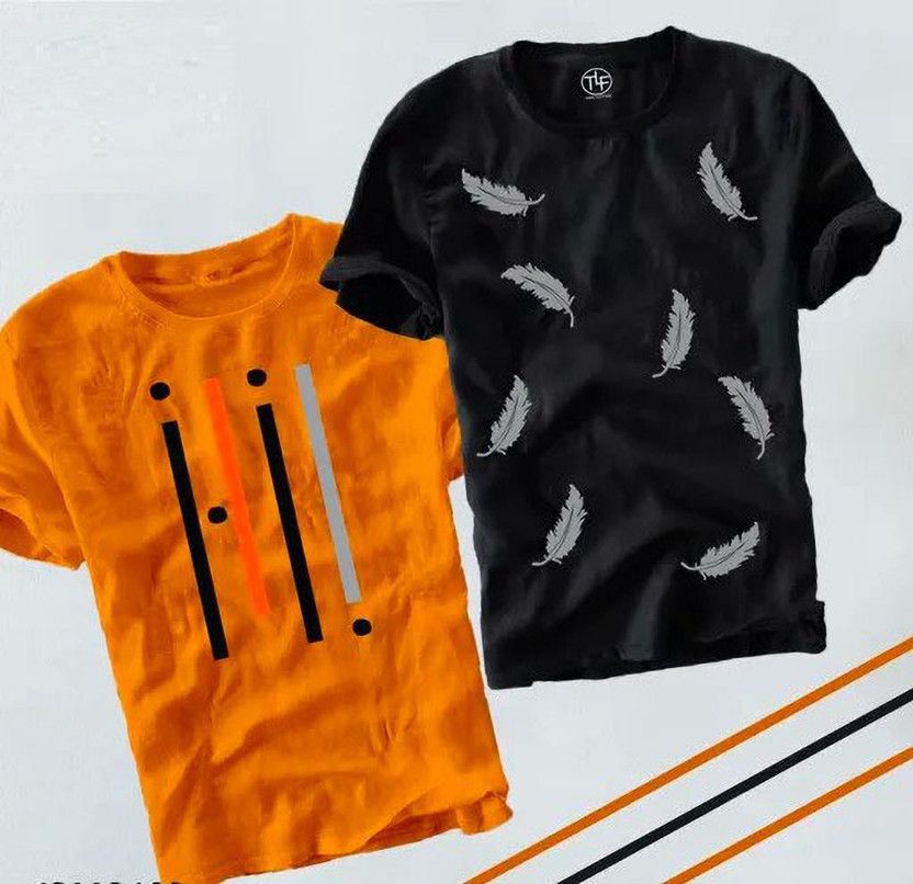 Pack of 2 Men Self Design Round Neck Cotton Blend Black, Orange T-Shirt