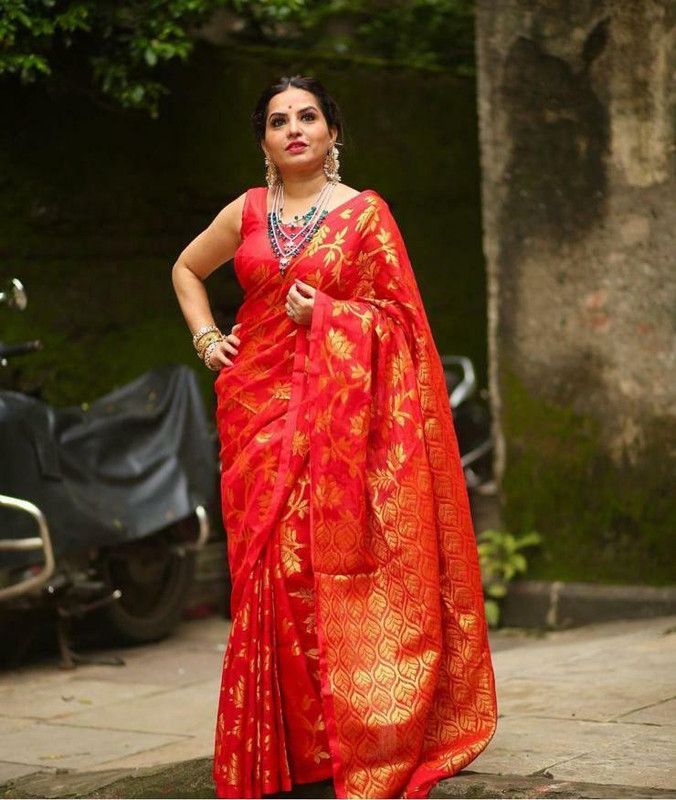 Embellished, Woven, Self Design, Striped Banarasi Cotton Silk, Jacquard Saree  (Red)