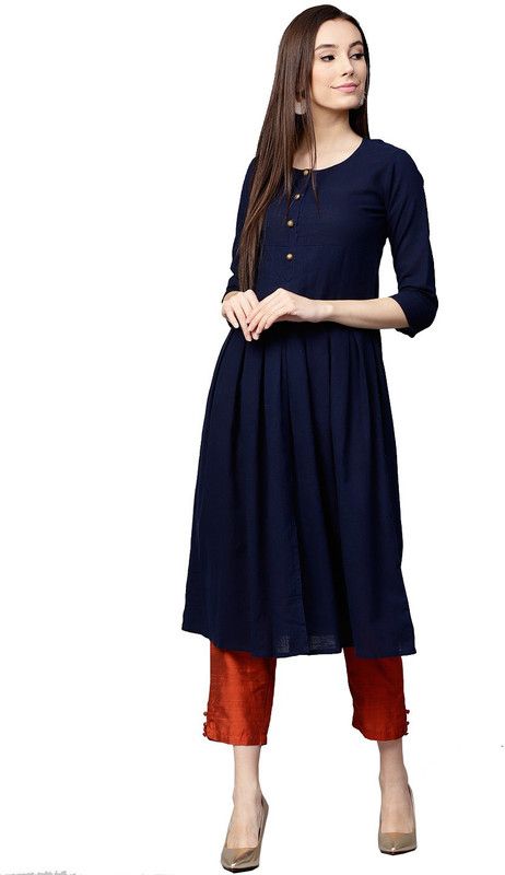 Women Solid Pure Cotton A-line Kurta  (Blue)
