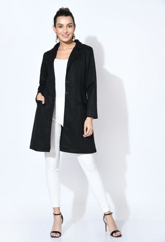 Women Solid Double Breasted Casual Blazer  (Black)