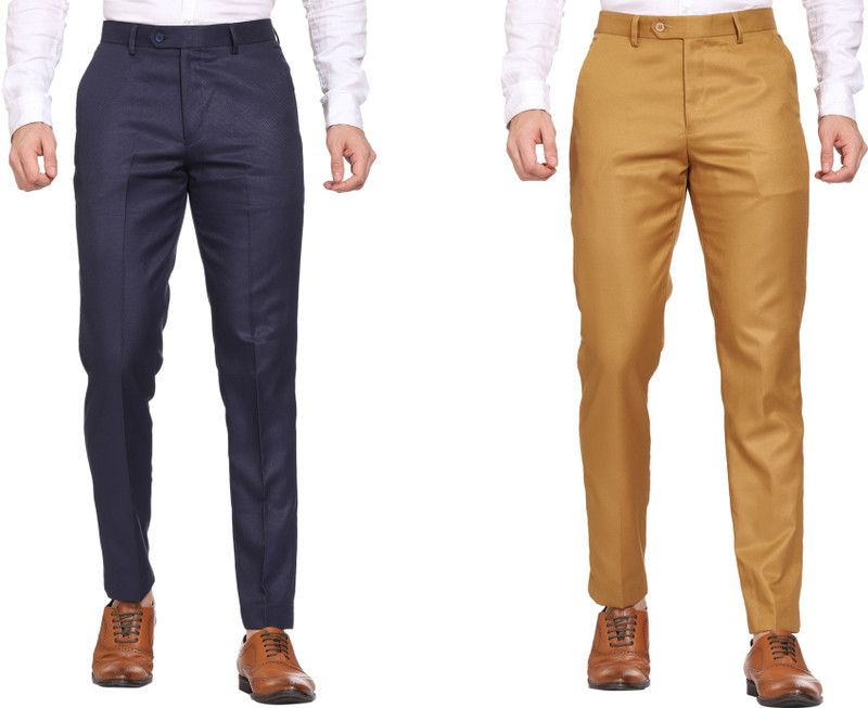 Pack of 2 Men Slim Fit Blue, Gold Viscose Rayon Trousers