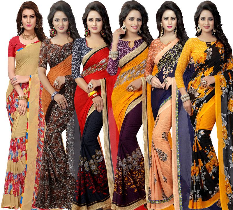 Printed Daily Wear Georgette Saree  (Pack of 6, Purple, Dark Blue, Red, Orange, Yellow, Cream)