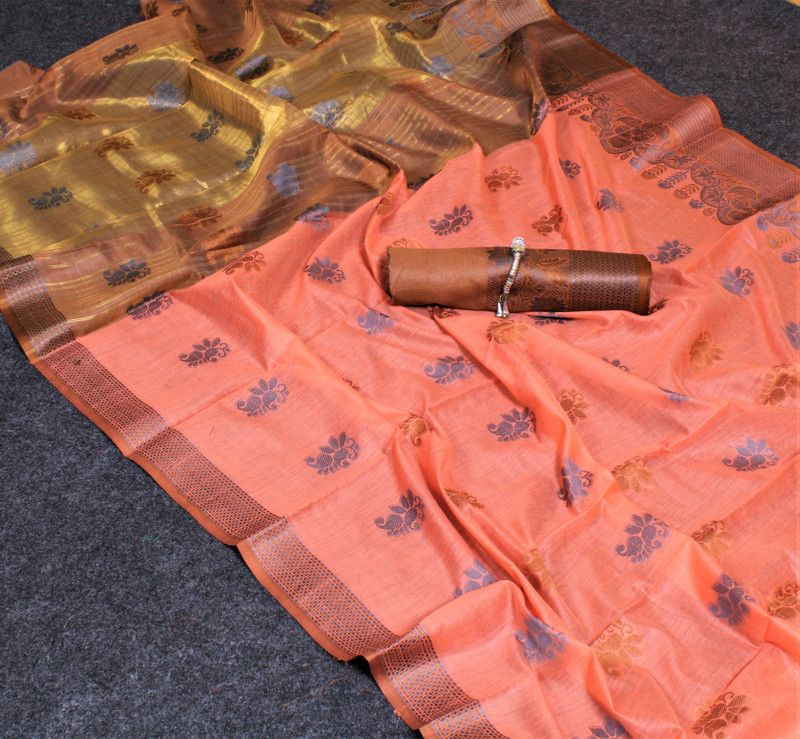 Woven Banarasi Cotton Blend Saree  (Mustard)