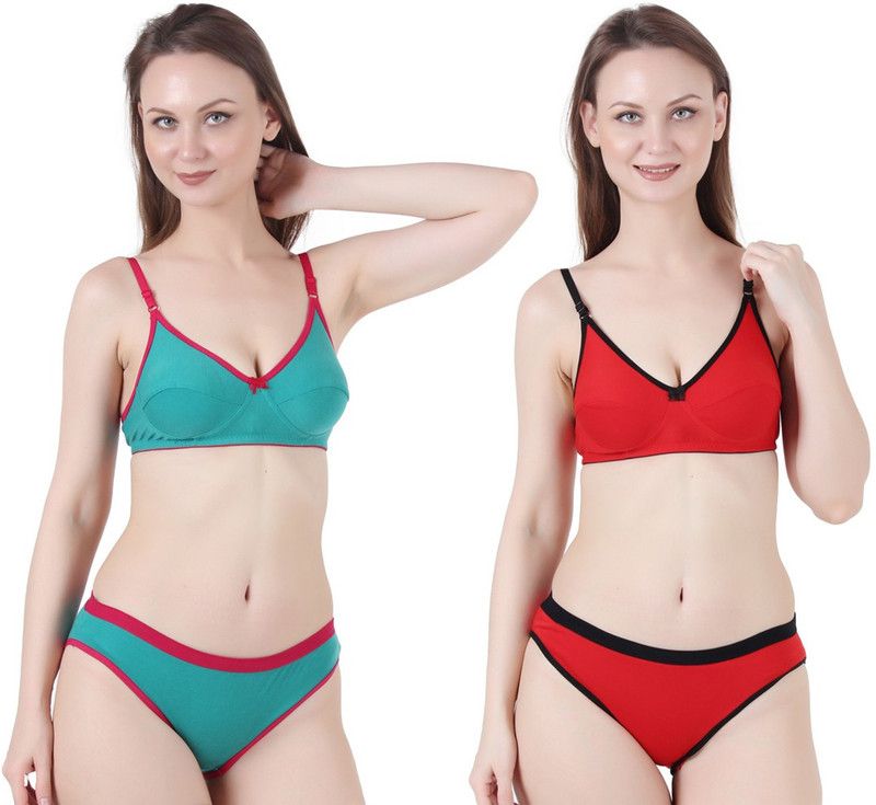 Bra & Panty Set Solid Green, Red Lingerie Set