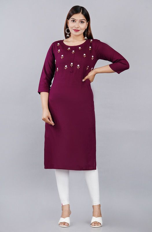 Women Solid Cotton Rayon Straight Kurta  (Purple)