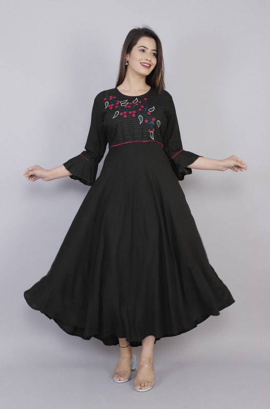 Embroidered Rayon Blend Stitched Flared/A-line Gown  (Black)
