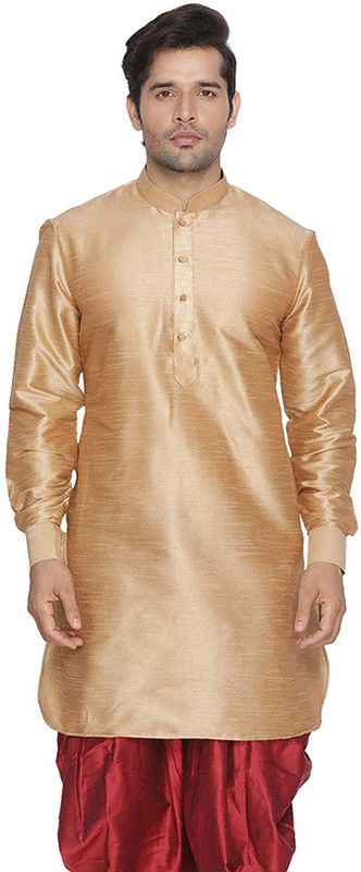 Men Self Design Pure Silk Straight Kurta  (Gold)