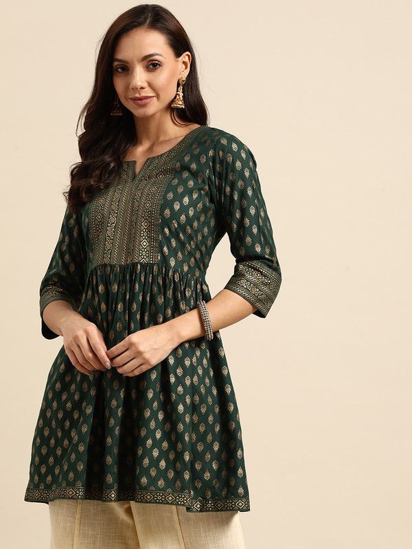 Women Woven Design Viscose Rayon Anarkali Kurta  (Green)