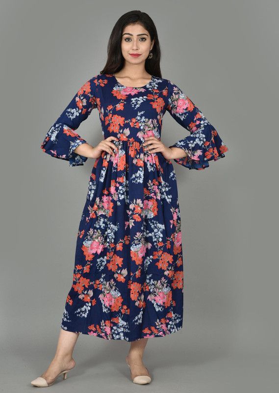 Women Printed Cotton Silk Gown Kurta  (Multicolor)
