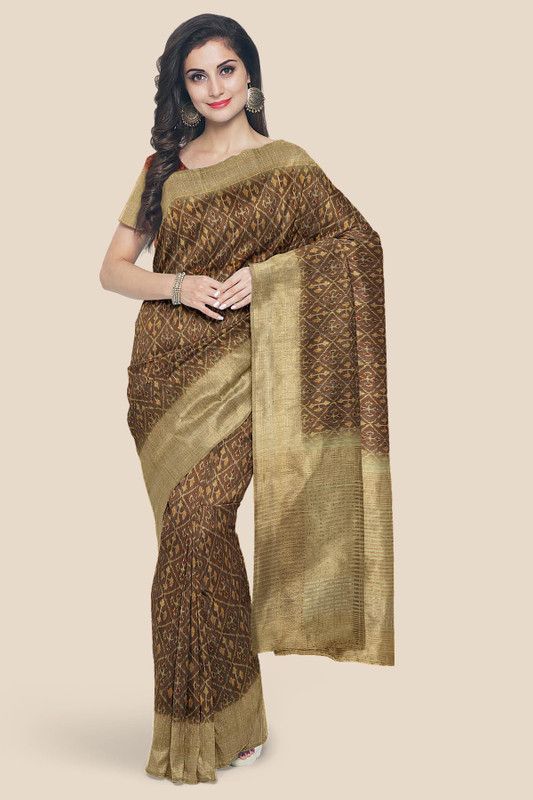 Printed Ikkat Pure Silk Saree  (Brown)