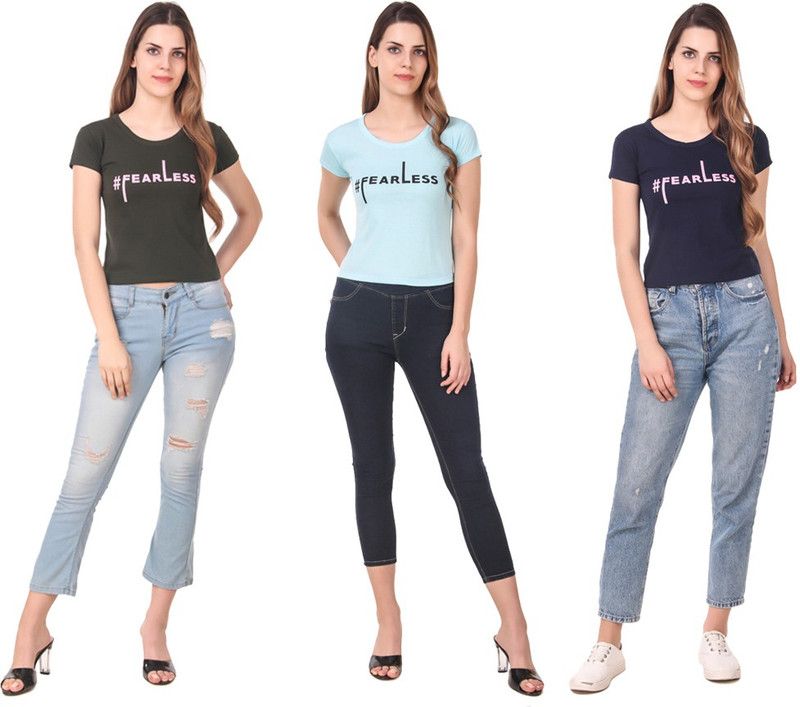 Pack of 3 Women Printed Round Neck Cotton Blend Light Blue, Blue, Grey T-Shirt