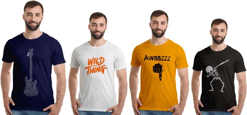 Pack of 4 Men Printed Round Neck Pure Cotton Dark Blue, White, Gold, Black T-Shirt