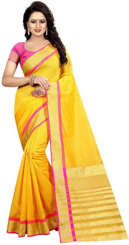 Plain Daily Wear Cotton Silk Saree  (Gold, Yellow)