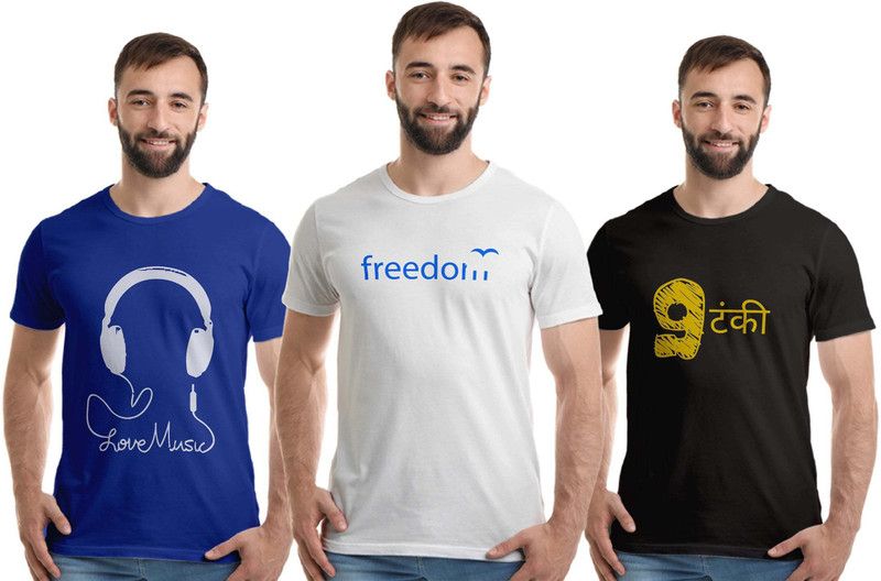 Pack of 3 Men Printed Round Neck Pure Cotton Light Blue, White, Black T-Shirt