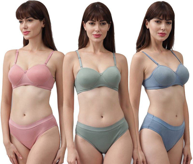 Bra & Panty Set Solid Blue, Pink, Green Lingerie Set