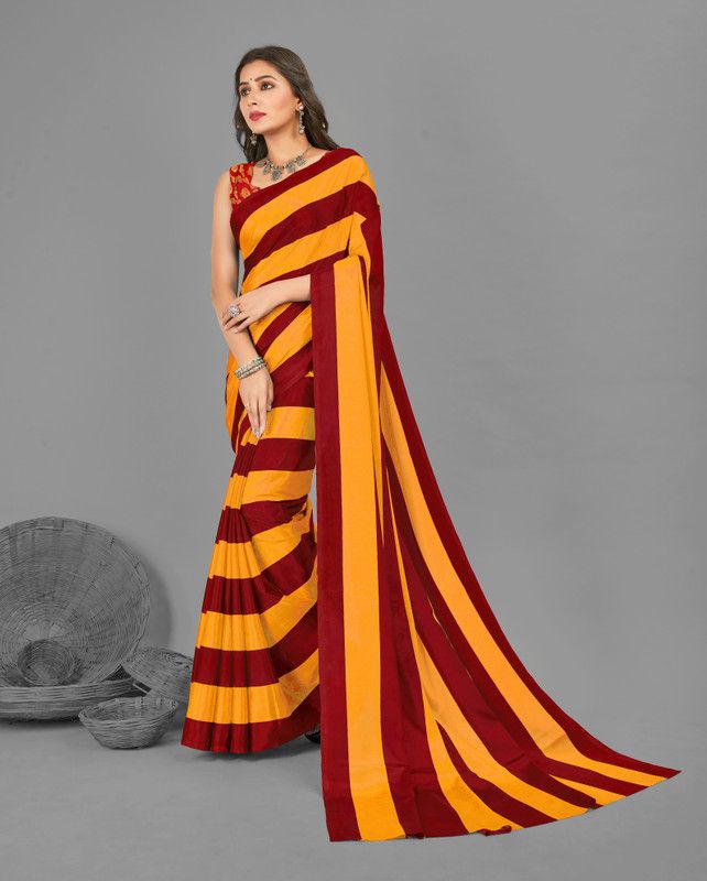 Striped Leheria Silk Blend Saree  (Maroon, Yellow)
