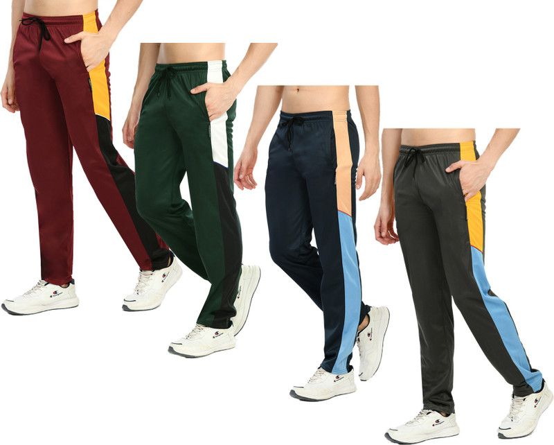 Pack of 4 Men Colorblock Grey, Dark Blue, Red Track Pants