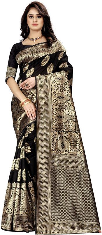Kanjivaram Jacquard, Silk Blend Saree  (Black)