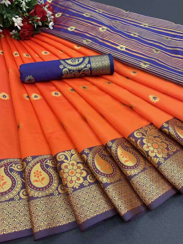 Woven Kanjivaram Cotton Silk, Jacquard Saree  (Orange)