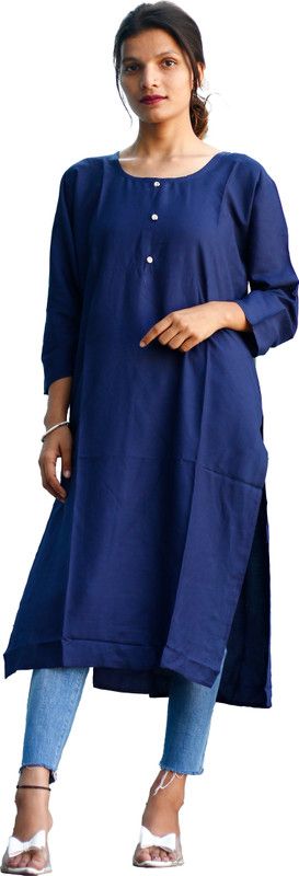 Women Solid Cotton Silk Straight Kurta  (Dark Blue)