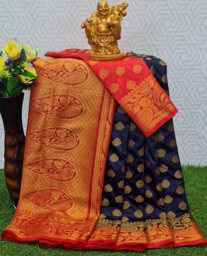 Printed, Woven Banarasi Jacquard Saree  (Dark Blue, Red)