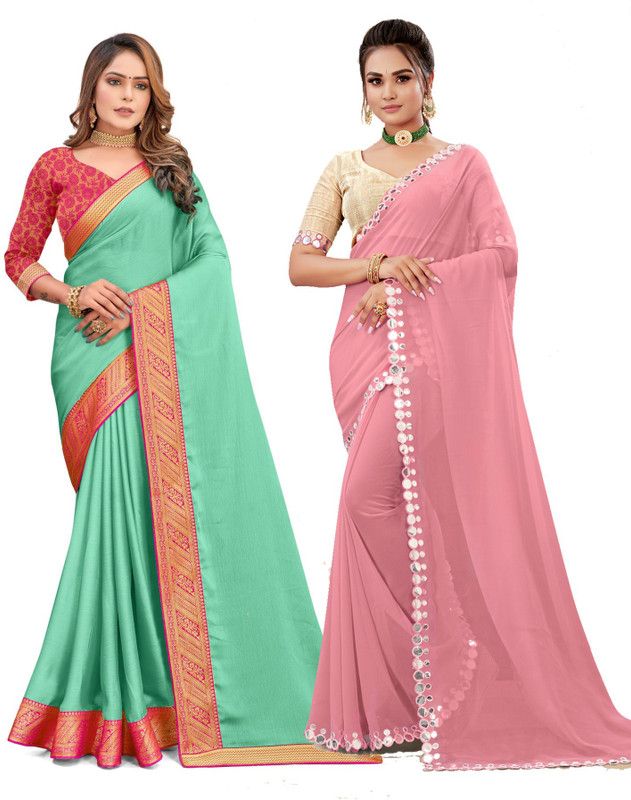 Self Design, Embellished Bollywood Chiffon Saree  (Pack of 2, Pink, Light Green)