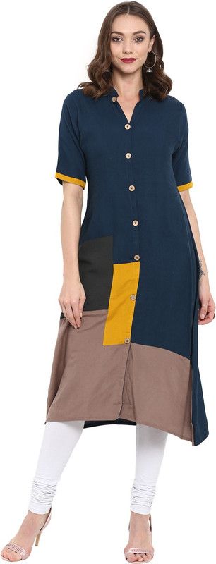 Women Solid Cotton Linen A-line Kurta  (Dark Blue)