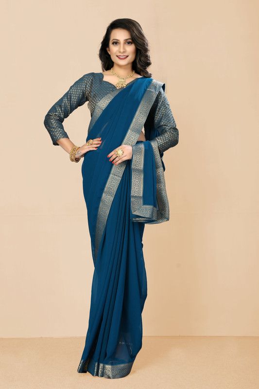 Solid, Embroidered Fashion Georgette Saree  (Blue)