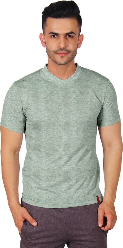 Men Self Design V Neck Cotton Blend Silver, Light Green T-Shirt