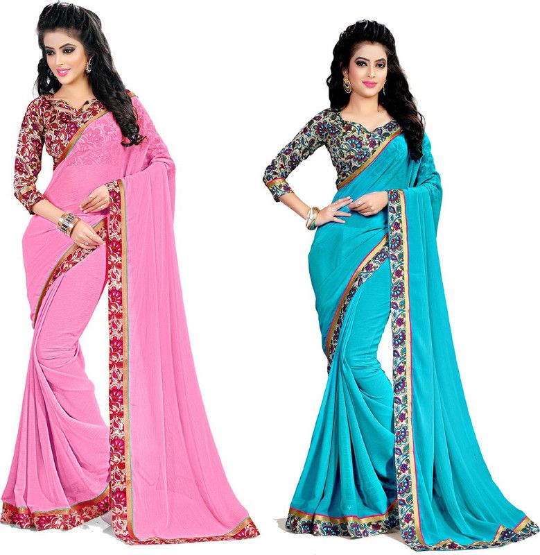 Printed, Solid/Plain Bollywood Chiffon Saree  (Pack of 2, Light Blue, Pink)