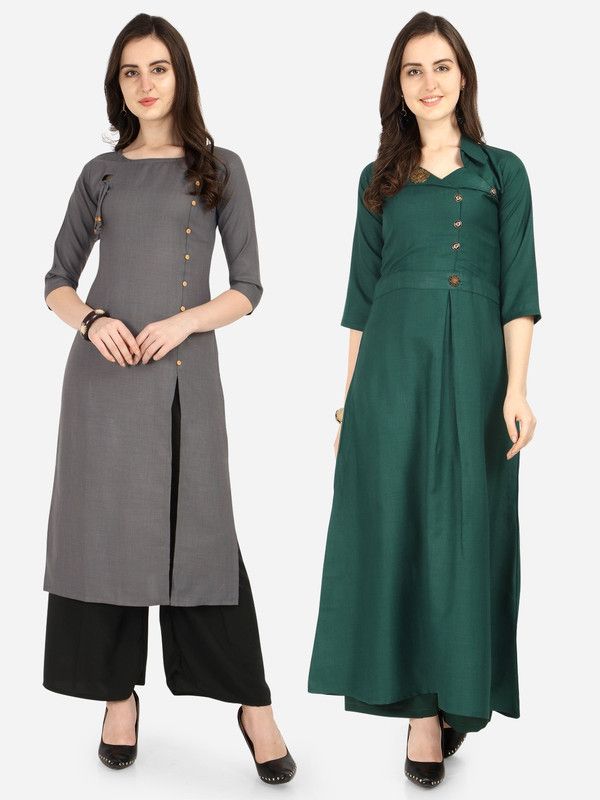 Pack of 2 Women Solid Cotton Blend Flared Kurta  (Green, Grey)